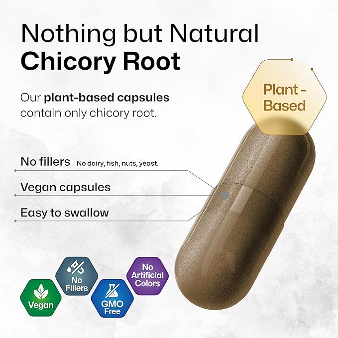 BIO KRAUTER® Chicory Root for Gut &amp Digestive Support - Pure Vegan Prebiotics &amp Fiber Supplement in Capsules 1200 mg per Serving 250 Count - No Fillers Non-GMO - 62 Days of Supply