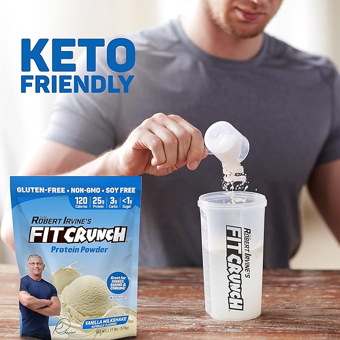Fit Crunch Tri-Blend Whey Protein Keto Friendly Low Calories High Protein Gluten Free Soy Free (18 Servings Vanilla Milkshake)