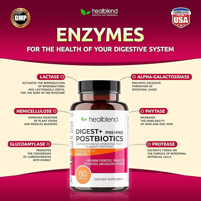 Digest + Postbiotics Supplement for Women and Men Multi Enzymes Organic Prebiotic &amp Probiotic for Digestive Health with Bromeline Papin and Lipase Non-GMO Gluten-Free 60 Vegetarian Caps