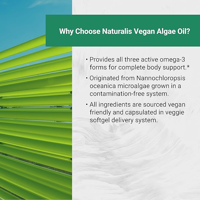 Naturalis Double Strength Vegan Omega 3 DHA EPA &amp DPA from Microalgae | Vegan Society Certified Sustainably Sourced True Full Spectrum | 180 Veggie Softgels (Carrageenan Free)