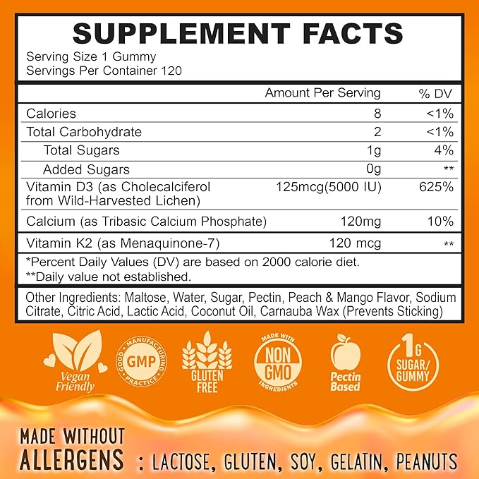 Center-Filled Vitamin D3 K2 &amp Calcium Gummies - Supplement for Healthy Teeth Bone &amp Energy - 5000 IU D3 120 mcg K2(MK-7) 120 mg CA - Vegan &amp Non-GMO - 120 Count