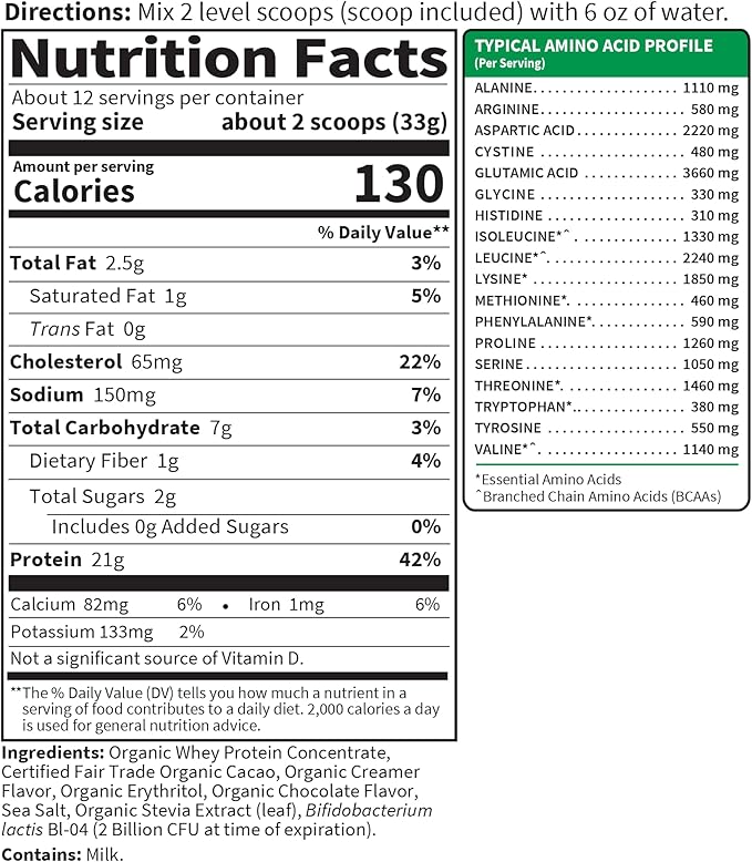 Garden of Life Whey Protein Powder Chocolate Cacao Flavor - 21g Certified Organic Grass Fed Protein for Women &amp Men + Probiotics - 12 Servings - Gluten Free Kosher Humane rBST &amp rBGH Hormon