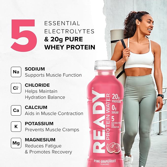 Ready® Clear Protein Water – 20g Whey Protein Isolate Zero Sugar Low-Calorie Sports Drink for Hydration &amp Recovery – Electrolytes Essential Amino Acids – Pink Grapefruit 16.9 fl oz Bottles (12