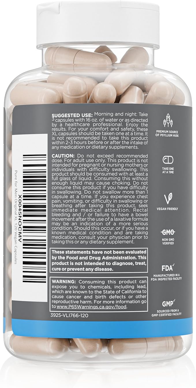 Pure for Men Stay Ready Fiber Extra Strength Supplement | Digestive Regularity | Bowel Movement &amp Gut Health Support | Vegan Cleanliness | Proprietary Formula | 120 Vegan XL Capsules