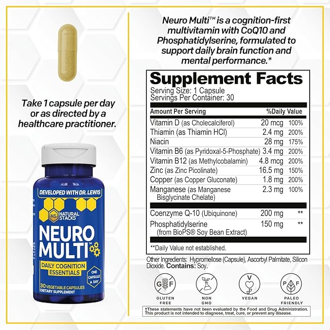 NATURAL STACKS NeuroMulti - Multivitamin for Women &amp Men - Supports Daily Cognition - One Capsule Per Day - CoQ10 200mg for Brain Energy Support - 10 in 1 Brain Health Complex - 30 Capsules