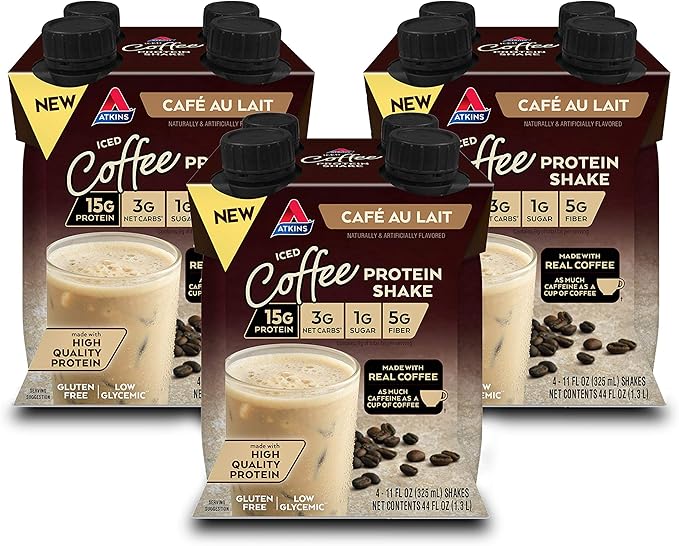 Atkins Café au Lait Protein Shake 15g Protein 3g Net Carb 12 Count + Atkins Endulge Caramel Nut Chew Bar 1g Sugar 5 Count
