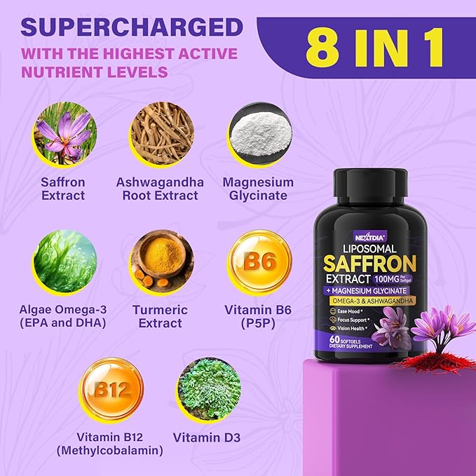 Saffron Supplements - 100mg Liposomal High Absorption 100% Pure Saffron Extract with Magnesium Glycinate Omega-3 Turmeric Ashwagandha Vitamin B6 B12 D3 for Mood Brain - 60 Softgels.
