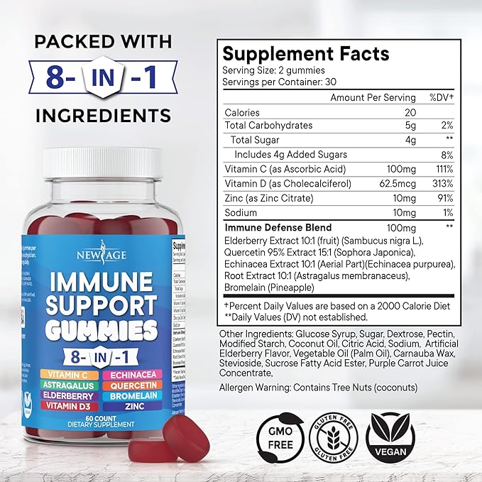 NEW AGE 8 in 1 Immune Support Booster Supplement with Astragalus Root Vitamin C and Zinc 50mg Vitamin D 5000 IU Quercetin &amp Bromelain (8 in 1 Gummies (Pack of 2))