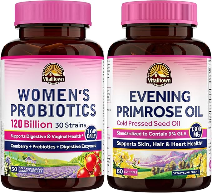 Vitalitown Women's Inner &amp Outer Beauty Bundle: 120 Billion CFU Probiotics (30 Strains) + Evening Primrose Oil 1300mg Complete Gut Vaginal &amp Skin Health