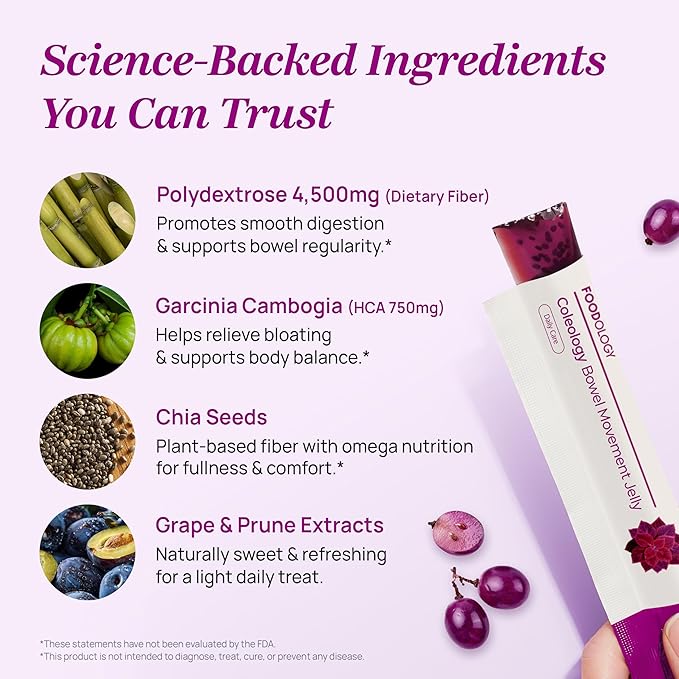 FOODOLOGY Coleology Bowel Movement Jelly (Grape &amp Prune) – Prebiotic Fiber Supplement for Gut Health &amp Daily Regularity Chia Seeds Korean Supplement – 10 Sticks (Pack of 3)