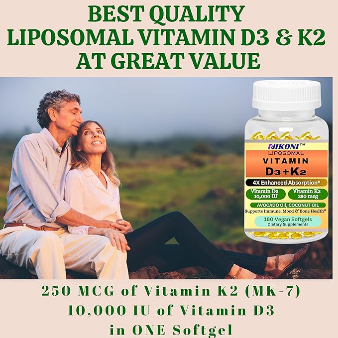 Nikoni Liposomal Vitamin D3 10000 IU Vitamin K2 (MK-7) 250 mcg Infused with Coconut &amp Avacado Oil Easy to Swallow Supports Calcium Absorption Bone Health 180 Vegan Softgels