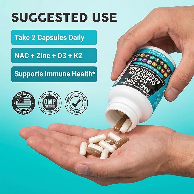 NAC Supplement N-Acetyl Cysteine Vitamin D3 K2 Zinc Quercetin Sarracenia Purpurea Immune Support | Elderberry Holy Basil Bee Propolis Bromelain L-Lysine Capsules Supplements For Women Men Adults