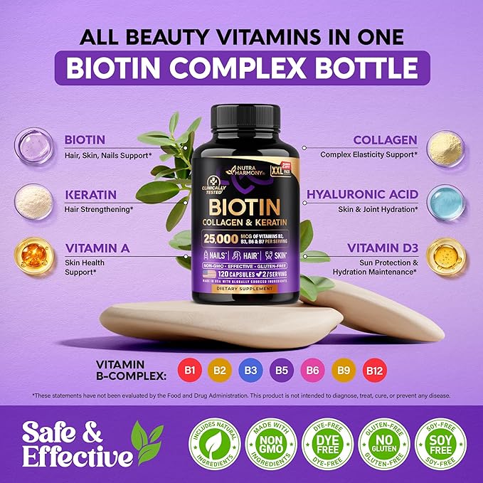 Biotin | Collagen | Hyaluronic Acid | Keratin - Clinically Tested Supplement - Hair Growth Support Skin &amp Nails - 25000 mcg Vitamins B2 B3 B6 &amp B7 + B1 - Made in USA - Women &amp Men | 120
