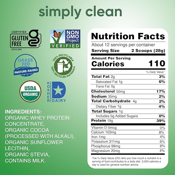 Simply tera's Organic Whey Protein Powder - Grass Fed Whey Protein Powder Without Artificial Sweeteners Clean Non-GMO Gluten-Free - Dark Chocolate 12 Oz