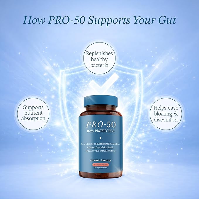 Vitamin Bounty Pro-50 Probiotic 50 Billion CFU - 13 Strain Supplement for Men &amp Women + Prebiotics - Digestive Health &amp Gut Support - Lactobacillus &amp Bifidobacterium - Delayed Release Caps