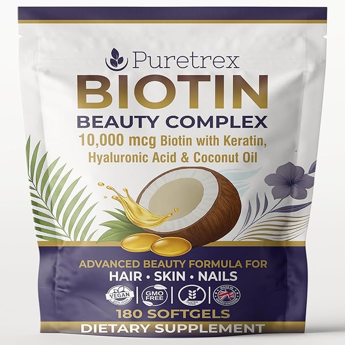 Biotin 10000mcg with Keratin Hyaluronic Acid &amp Coconut Oil | 180 Advanced Softgels Fast Absorption 3 Month Supply | Supports Strong Hair Skin &amp Nails | Non-GMO Gluten-Free UK Made