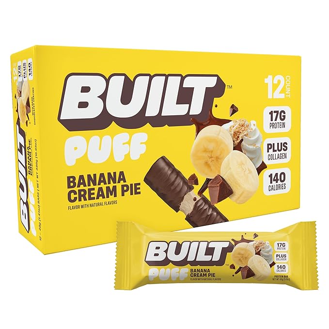 BUILT Bar Puff Protein Bars - Banana Cream Pie - 17g Protein Snack Bars with Collagen - Calorie Conscious &amp Gluten Free - 12 Count