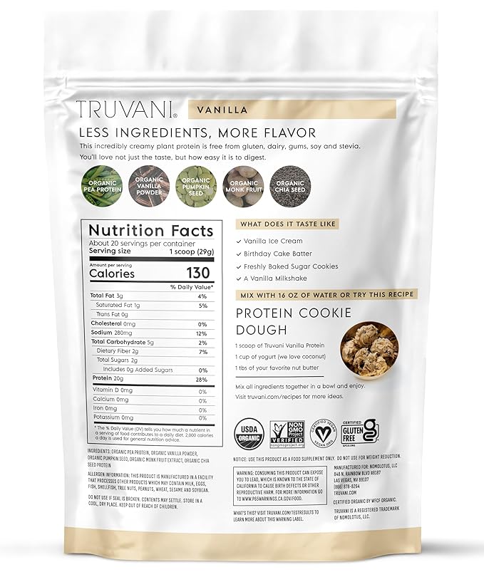 Truvani Vegan Pea Protein Powder | Vanilla | 20g Organic Plant Based Protein | 20 Servings | Keto | Gluten &amp Dairy Free | Low Carb | No Added Sugar