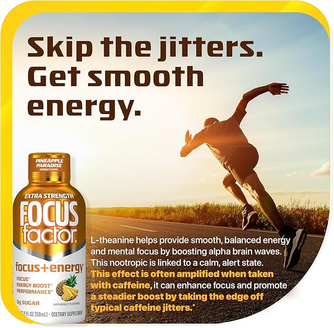 Focus Factor Extra Strength Focus + Energy Shots - 12 x 2oz Bottles (Pineapple Paradise Flavor) - Powered by Nootropics with Caffeine L-Theanine Ginkgo Bacopa L-Tyrosine Alpha GPC