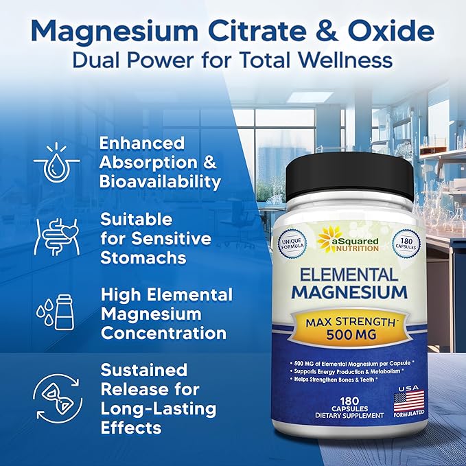 aSquared Nutrition Proprietary Magnesium 500mg – High Absorption Magnesium Citrate &amp Oxide – 180 Veggie Capsules 180 Day Supply – USA Formulated &amp Third-Party Tested