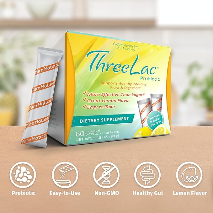 Global Health Trax ThreeLac Lemon Probiotic Drink Mix for Digestive Health - Advanced Probiotic Powder Formula for Men Women and Kids - Immune Support &amp Gut Balance Non-GMO - 180 Packets