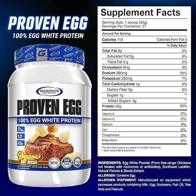 Gaspari Nutrition Proven Egg 100% Egg White Protein 25g Protein Keto Friendly Dairy and Lactose Free Soy Free (2 lbs Banana Nut Bread)
