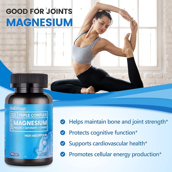 BioEmblem High Absorption Triple Magnesium Complex 300mg | Magnesium Glycinate for Nerves Malate for Energy Magnesium Supplement to Support Muscle Health | Vegan Non-GMO 180 Capsules