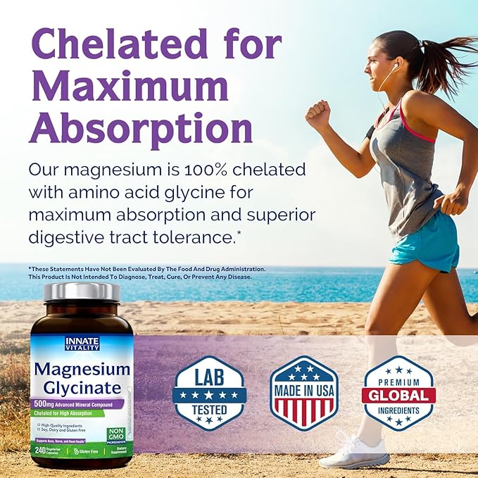 Innate Vitality Magnesium Glycinate 500mg | 70mg Elemental Magnesium Supplement - High Absorption Non Buffered Non-GMO &amp No Gluten - Vegan - Nerve Health - 240 Capsules (Pack of 1)