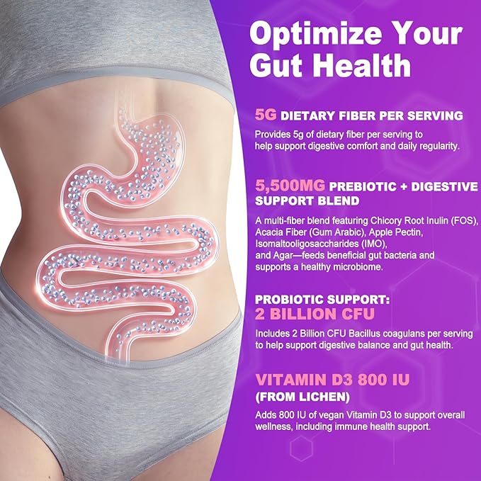 Prebiotic Fiber Gummies 5g Fiber per Serving 2 Billion CFU Bacillus Coagulans + Vitamin D3 Sugar Free Pectin Mixed Berry Gummies Inulin (FOS) + Acacia + Apple Pectin 120 Gummies (60 Servings)