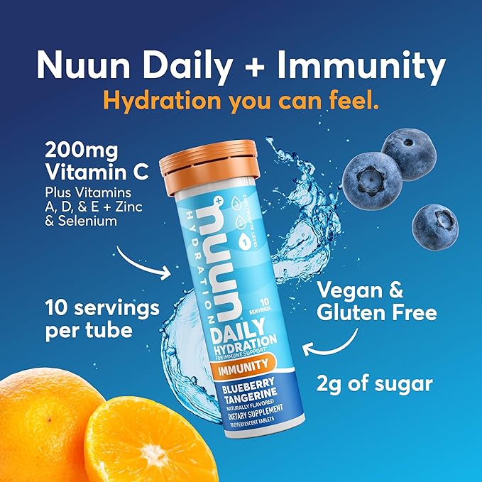 Nuun Immunity Electrolyte Tablets with Vitamin D C E &amp A Ginger Elderberry Magnesium &amp 4 Other Essential Electrolytes Vegan Blueberry Tangerine 8 Pack (80 Servings Total)