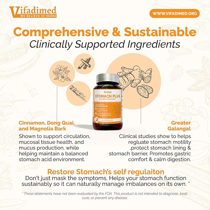 Stomach Plus Stomach Lining Support Gastritis Relief Stomachache Support Gastric Upset ReliefMotility Support with Galangal Dong Quai Cinnamon &amp Magnolia - 45 Capsules