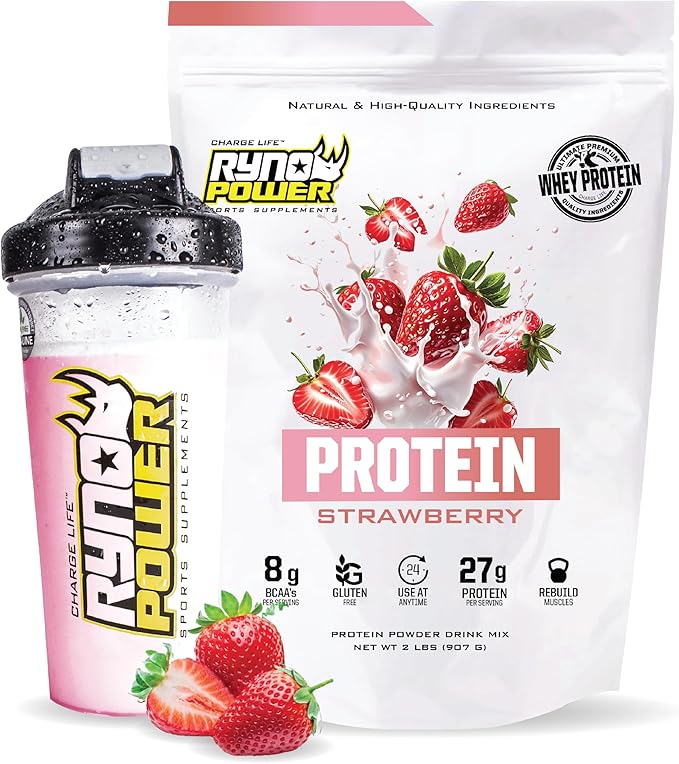Ryno Power All Natural Whey Protein 2lb (20 Servings) 'Strawberry' - 100% Whey Protein Blend &amp No Fillers - Non GMO