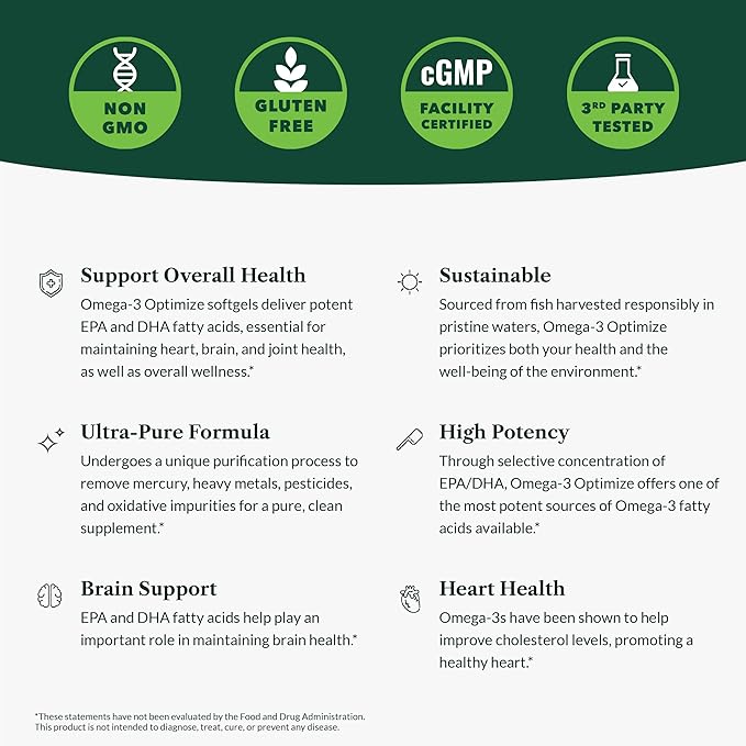 Greens First Omega-3 Optimize Daily Supplement – Ultra-Pure Potent Marine Oil - for Heart Brain &amp Joint Health - High EPA/DHA - Immune Support - 850mg (120 Softgels)