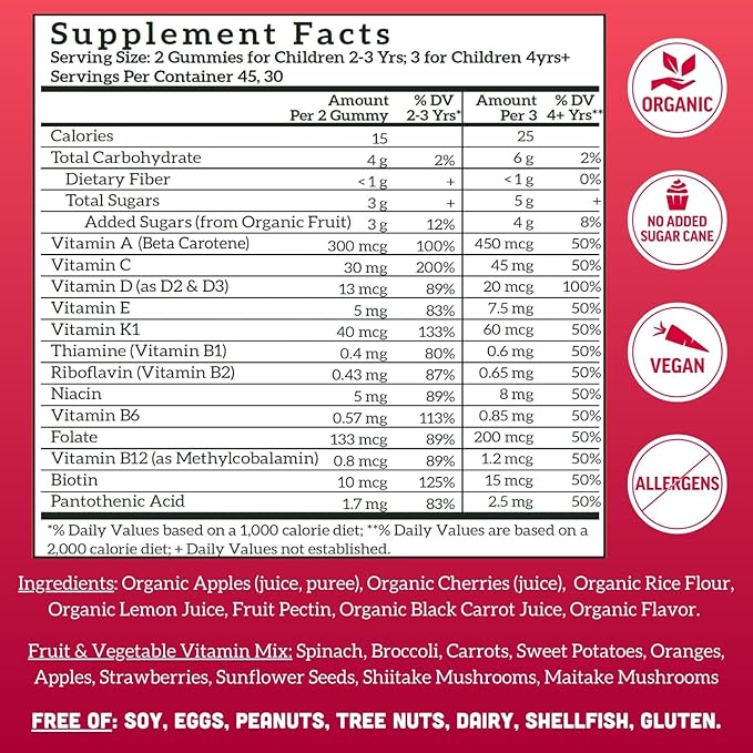Llama Naturals Kids Multivitamin Gummies Vegan Organic with Vitamin D C &amp K Toddler Real Fruit Gummy Vitamins Chewable Supplement Cherry and Strawberry. 90 Ct
