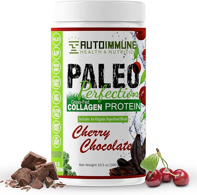 Paleo Perfection Cherry Chocolate Grass Fed Beef Collagen Protein Powder with Stevia - Paleo Keto SCD AIP Protein Powder w/ Apple Fiber Carrot &amp Broccoli - 300g Protein Powder &amp Superfood