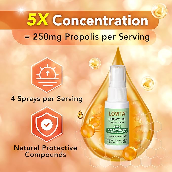 LOVITA Propolis Core Defense Bundle - 3 Liquid Extract Drops &amp 2 Throat Sprays 18% Bioflavonoids High Potency Bee Propolis for Daily Immunity (5 Pc Set)
