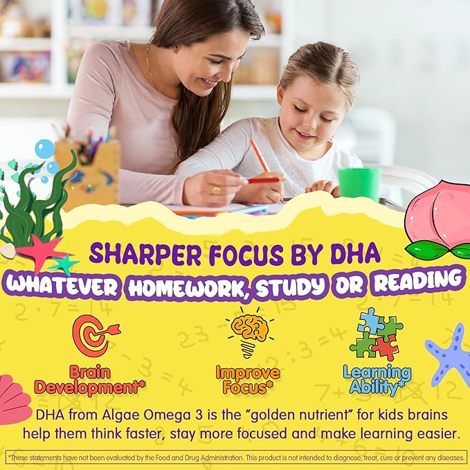 Kids Focus Gummies - Brain Supplements with Vegan Omega 3 DHA Phosphatidylserine L-Theanine L-Tyrosine Methylated B6 &amp B12 for Kids &amp Teen Support Attention Memory Nootropic Sugar Free