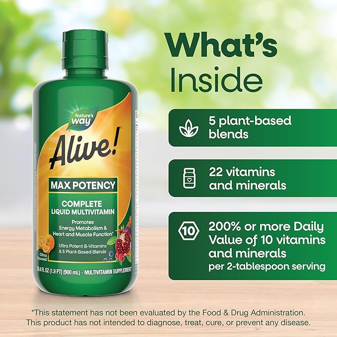 Nature's Way Alive! Max Potency Complete Liquid Multivitamin for Women and Men with Antioxidant Beta Carotene Vitamins C &amp E and Food-Based Blends Citrus Flavored 30.4 Fl Oz
