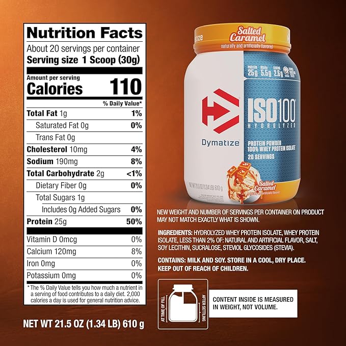 Dymatize ISO100 Whey Protein Powder Isolate Salted Caramel 25g of Protein 5.5g BCAAs Less Than 120 Cal. Gluten Free 1g Fat 1g Sugar 2g Carb (20 Servings)