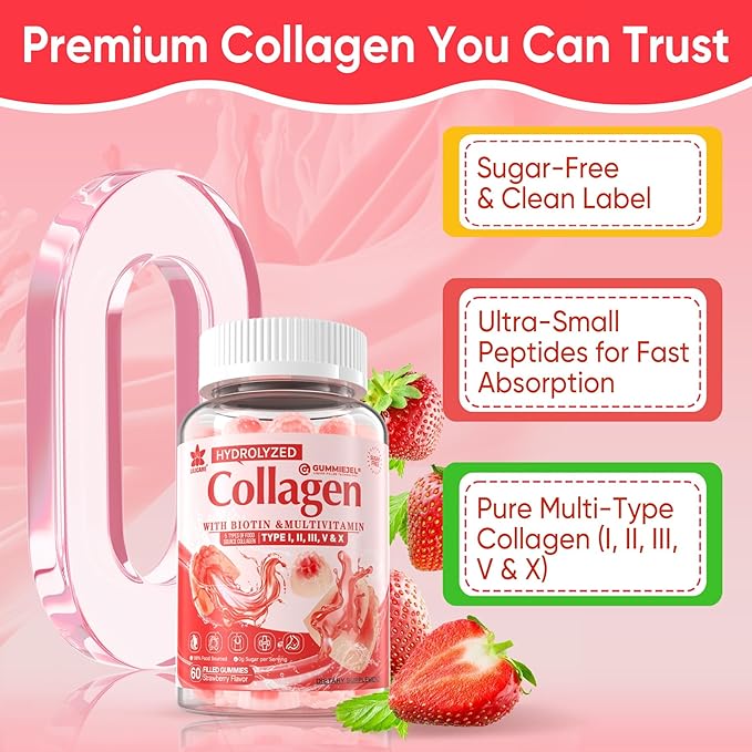 2Pack Sugar-Free Hydrolyzed Collagen Peptide Filled Gummies for Women &amp Men with 1500mg Protein Type IIIIIIVX 5000mcg Biotin Vitamin C A E D3 B6 B12 for Immune Digestion Skin Hair Nails Bon