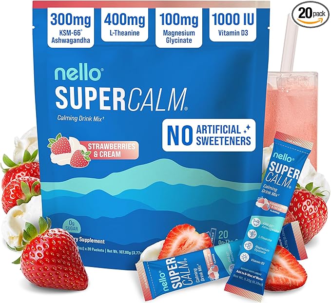 Nello Supercalm Powdered Drink Mix Cortisol Reducer* Sleep Aid Supplement L Theanine Ksm-66 Ashwagandha Magnesium Glycinate Vitamin D 3 No Sugar Non GMO 20 Ct Strawberries &amp Cream