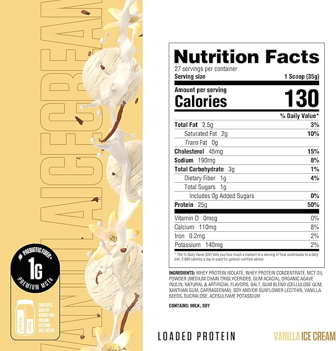 RYSE Loaded Protein Powder - Vanilla Ice Cream - 25g Whey Protein Isolate &amp Concentrate with Prebiotic Fiber &amp MCTs - Low Carb Low Sugar Digestive-Friendly - 27 Servings / 2 lb Tub
