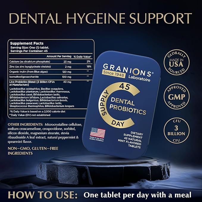 Granions Oral Probiotic Mints - Best Breath Freshener with Lactobacillus Salivarius - 3 Billion CFU for Dental Probiotics for Teeth and Gums - Oral Health Probiotics for Bad Breath - 45 Tablets