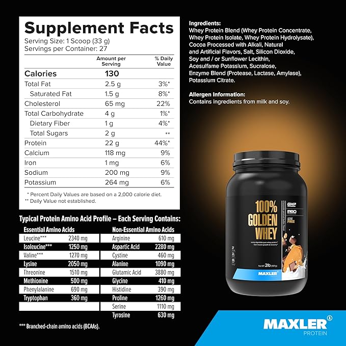 Maxler 100% Golden Whey Protein - 22g of Protein per Serving - Whey Protein Powder for Pre Post Workout - Fast-Absorbing Whey Concentrate Isolate &amp Hydrolysate Blend - Chocolate Peanut Butter 2 l