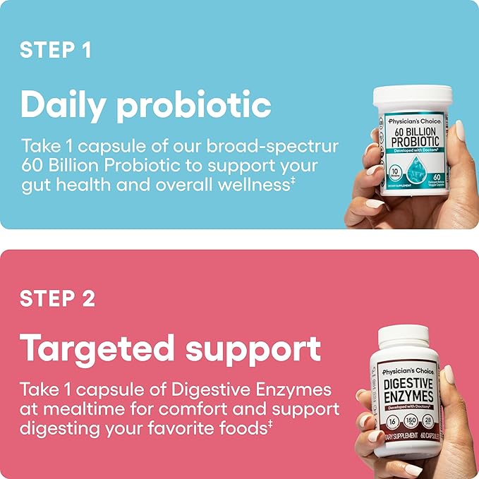 Physician's CHOICE Advanced Gut Health Bundle: 60 Billion Probiotics 30ct + Digestive Enzymes 60ct for Digestive Gut and Immune Health Supports Occasional Constipation Diarrhea Gas and Bloating