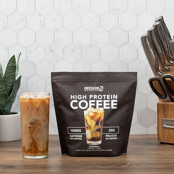 INVIGOR8 High Protein Coffee Powder 25 Grams Whey Isolate100mg Natural Green Tea Caffeine | 0 Added Sugar Keto Gluten Free 99.9% Lactose Free | Hot or Iced15 Serving 15 Servings (17 OZ Original)