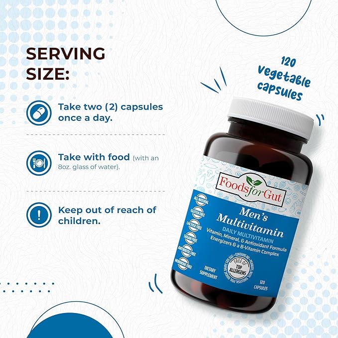 Foods For Gut Men's Multivitamin Formula | 120 Vegetarian Capsules | with Zinc Manganese &amp Calcium | Multivitamins D C A E &amp B-Vitamins | All-in-One Multimineral &amp Multivitamin