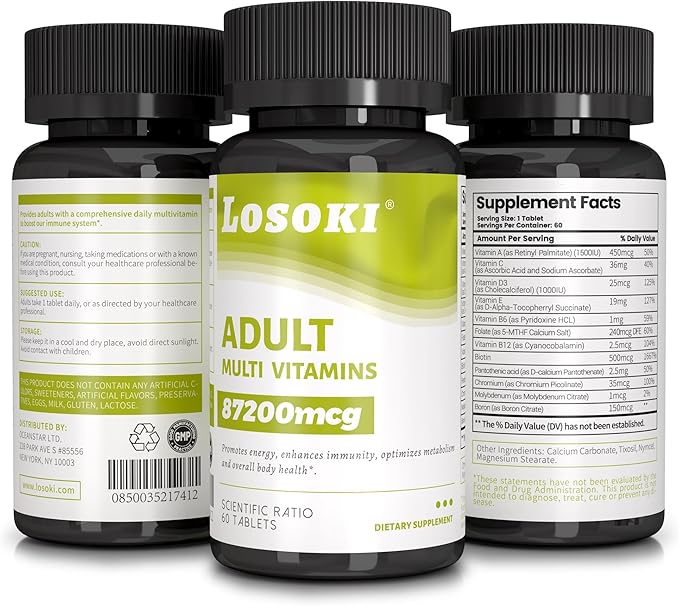 Losoki Adult Multi Vitamins - Comprehensive Daily Multivitamin Supplement for Men and Women - 60 Tablets for Enhanced Energy Vitality and Immune Support