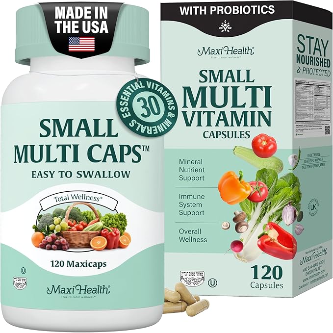 Maxi Health Multivitamin – Easy to Swallow Multi Vitamin Capsules with 30 Nutrients Iron &amp Probiotics – Kosher Daily Multivitamins Small Capsules for Wellness Support &amp Digestive Ease (120 Un