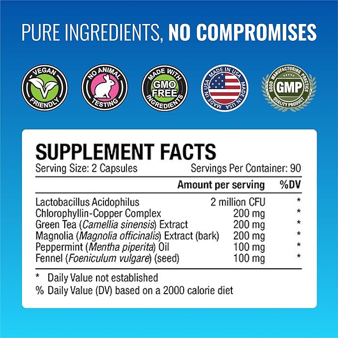 Approved Science Odorol - 180 Capsules - Freshen Bad Breath and Body Odor - Contains L.acidophilus Green Tea Magnolia Bark Peppermint Oil and Fennel - Pack of 2